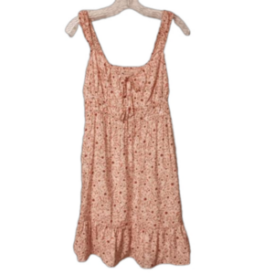 SO Pink & Orange Ditsy Floral Tie Cinch Waist  Smocked Back Cami Sundress S